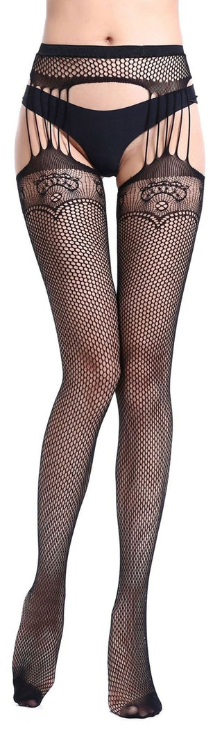 Black Fishnet Suspender Design Top Tights